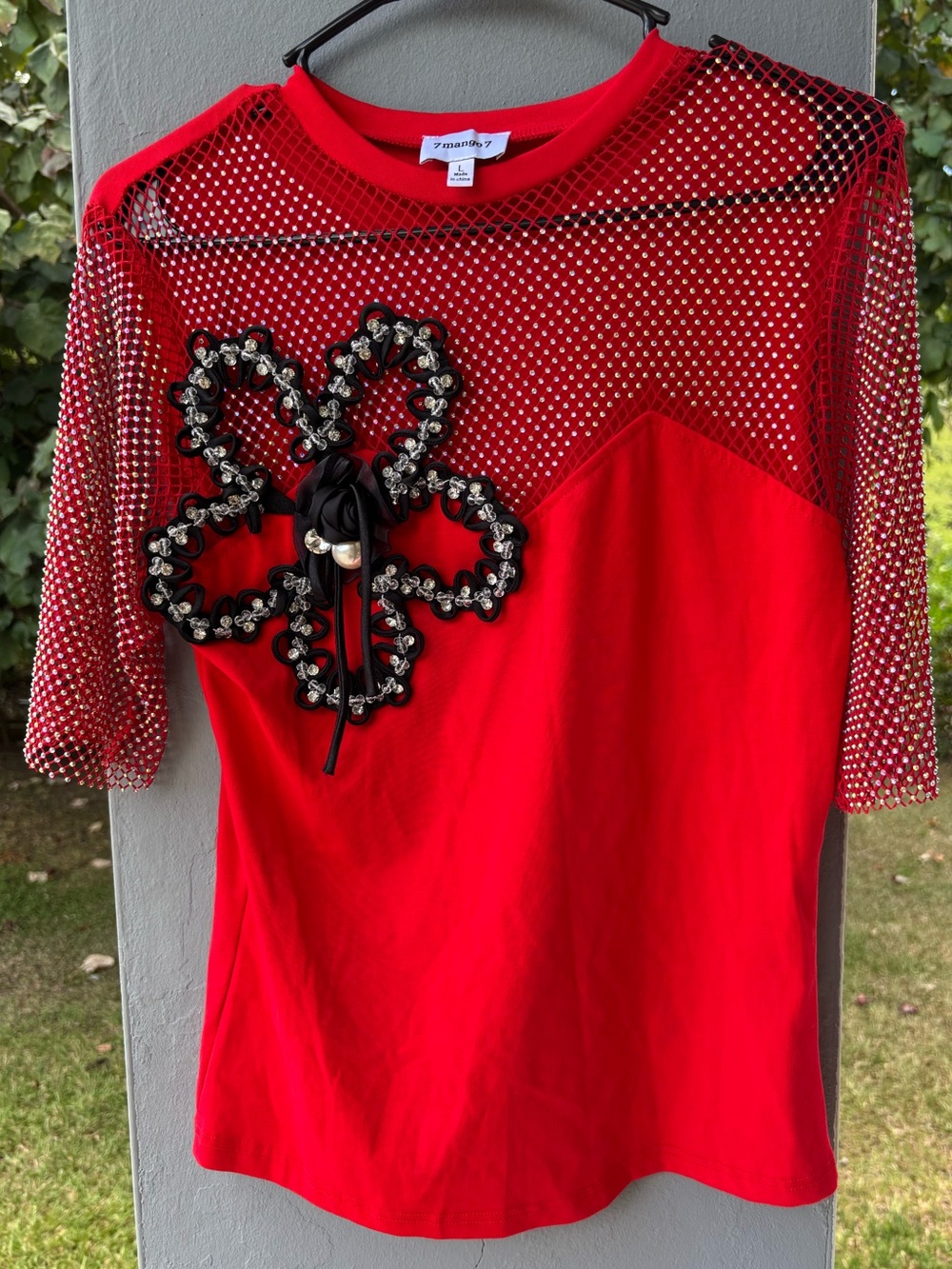 Red Embellished Mesh Top